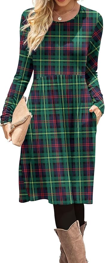 DB MOON Womens Casual Long Sleeve Dresses Empire Waist Knee Length Loose Dress with Pockets (DBL Green Plaid, 3XL)