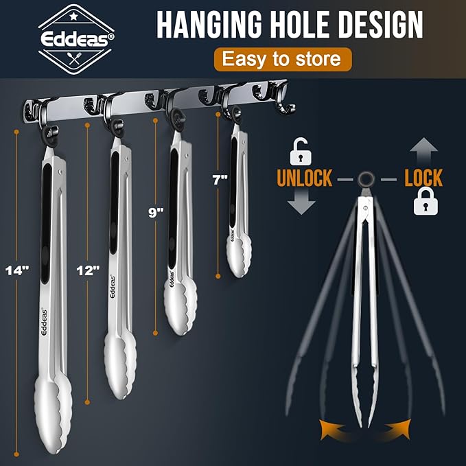 EDDEAS Grill Tongs - BBQ Tongs Heat Resistant 600 Degrees, Heavy Duty Metal, Perfect for Cooking, Grilling, Set of 4, 7",9",12" & 14 inch Black