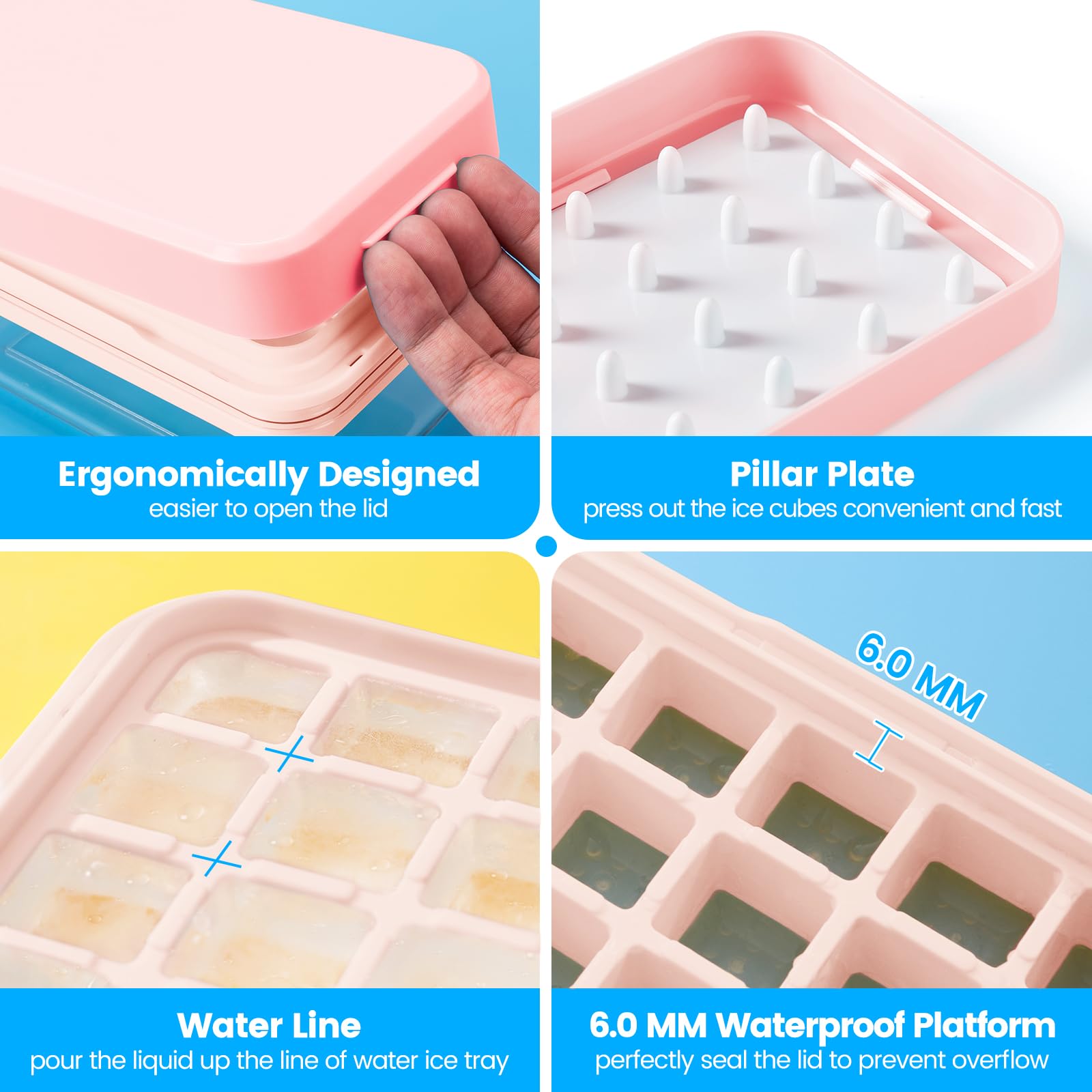 PHINOX Ice Cube Tray with Lid and Bin, Easy Release 84 Cubes for Freezer