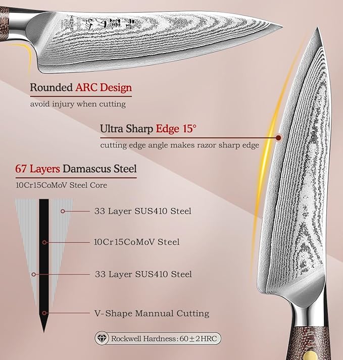 HEZHEN 5.3'' Utility Knife with Sheath – 67 Layers Damascus Steel, Kitchen Petty Knife for Trimming, Peeling & Slicing, Ergonomic Micarta Handle