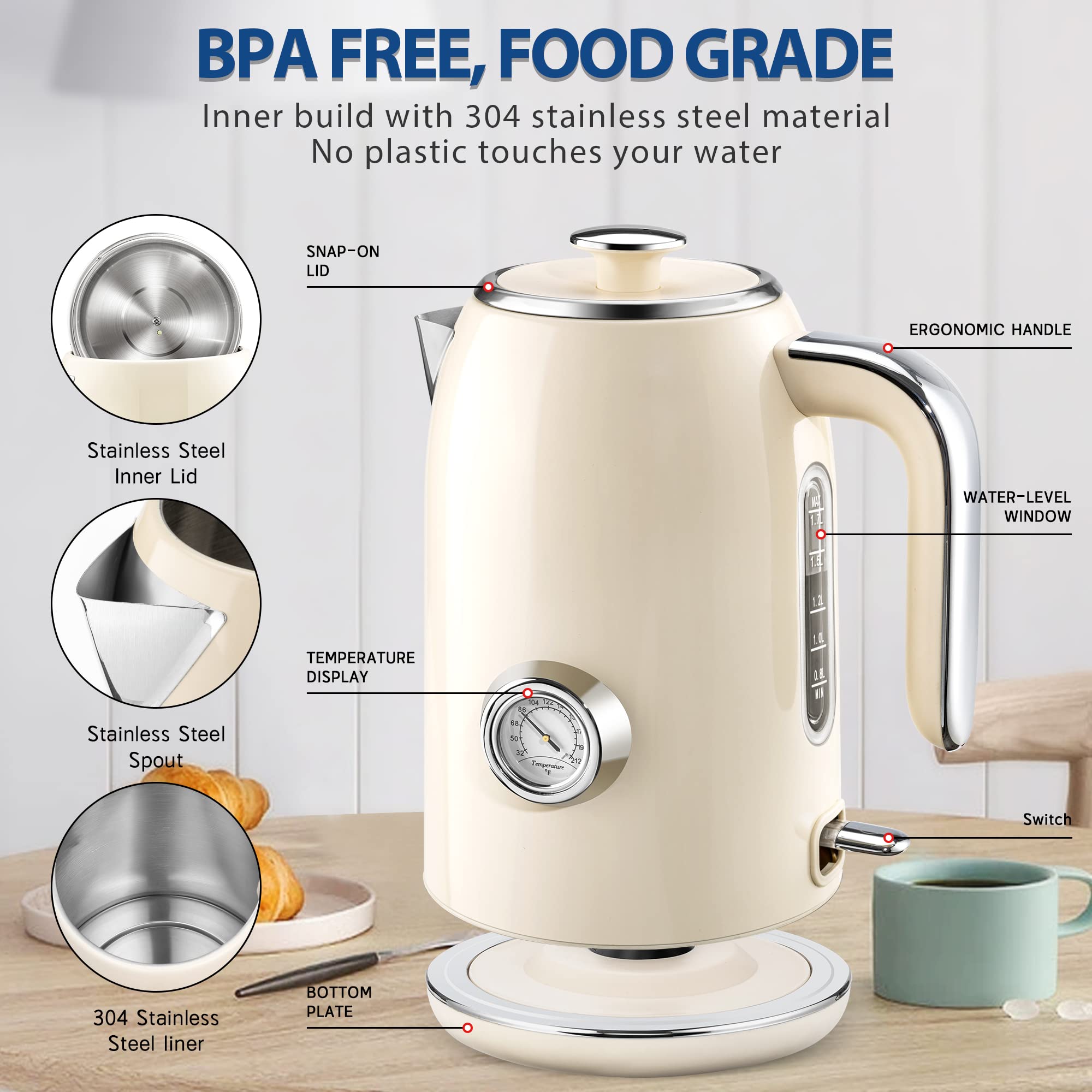 PUKOMC Electric Kettle, 1.7L Stainless Steel Electric tea kettle
