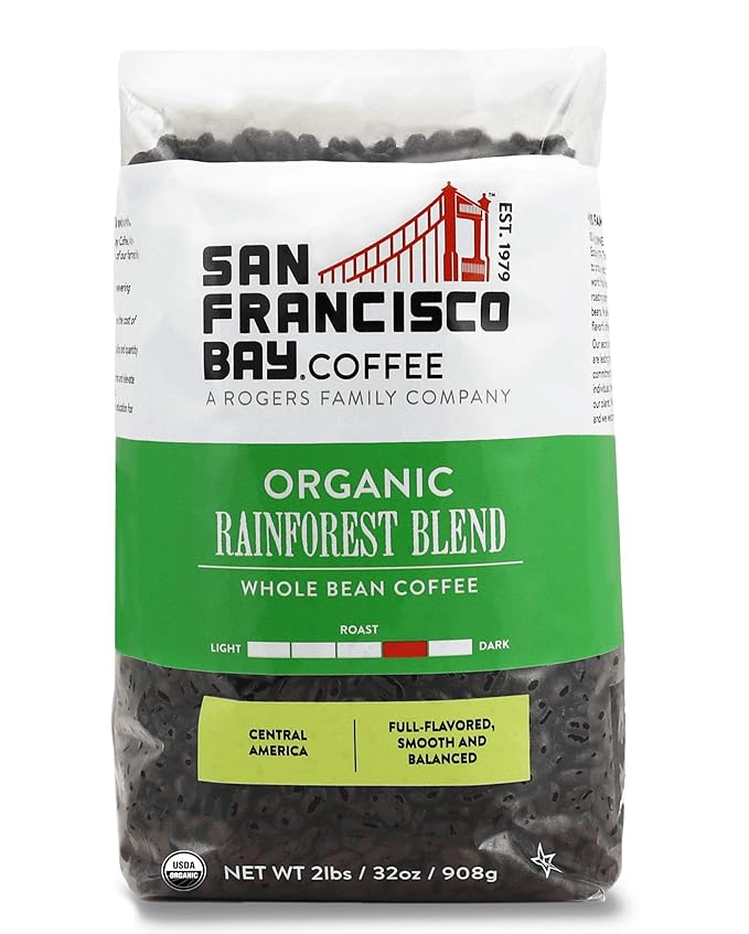 San Francisco Bay Whole Bean Coffee, Organic Rainforest Blend (32 oz Bag), Medium-Dark Roast, USDA Organic Coffee Beans