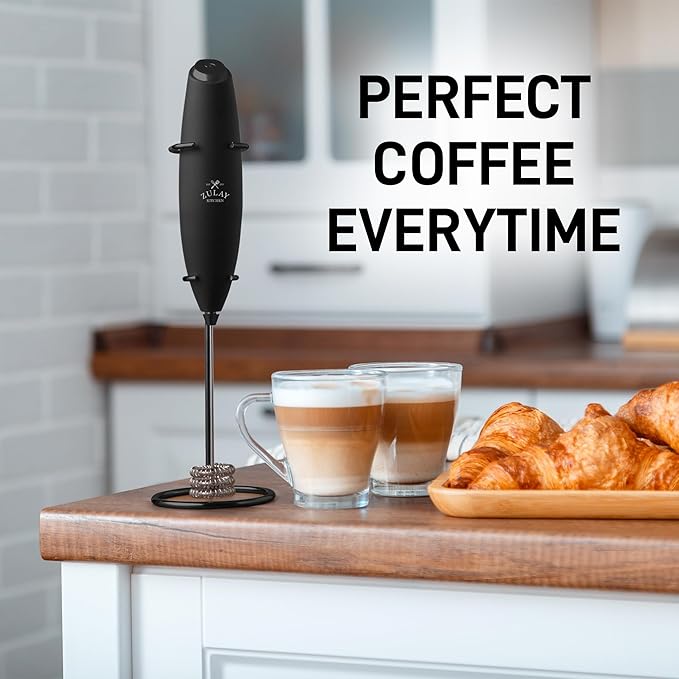 Zulay Kitchen Powerful Milk Frother Wand With Duracell Batteries - Ultra Fast Handheld Drink Mixer - Electric Whisk Foam Maker for Coffee, Lattes, Cappuccino & Matcha - Triple Whisk - Midnight Elite