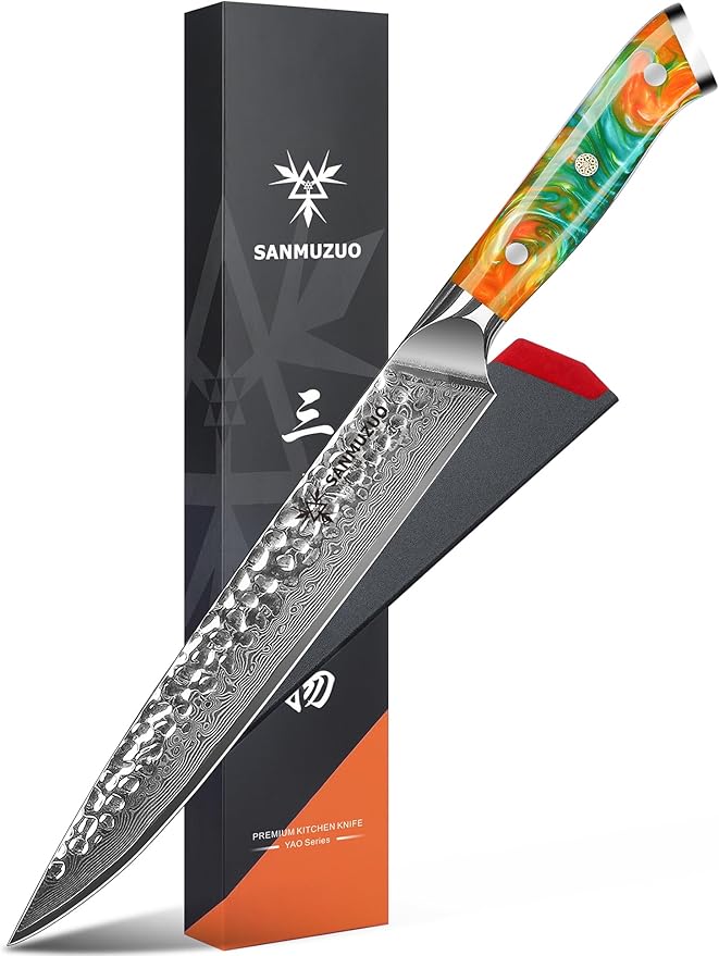 SANMUZUO 9 Inch Carving Knife, Slicing Knife - Hammered Damascus Steel & Resin Handle - Yao Series