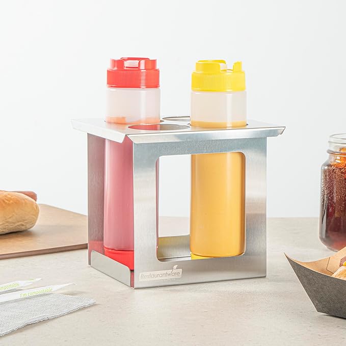 Restaurantware Squeeze Bottle Holder 1 Count 6.30 x 7.01 x 6.26 Inches Stainless Steel Condiment Organizer - Four-Hole Durable Kitchen Rack - Silver Prep Station Organizer
