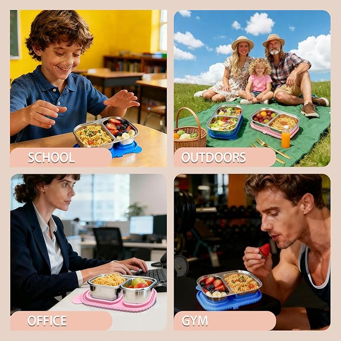 2 Pack Stainless Steel Snack Containers for Kids & Adults - Reusable 2 Compartment Snack Containers with Leakproof Silicone Lids, Divided Meal Prep Lunch Box Food Container for School, Office, Travel