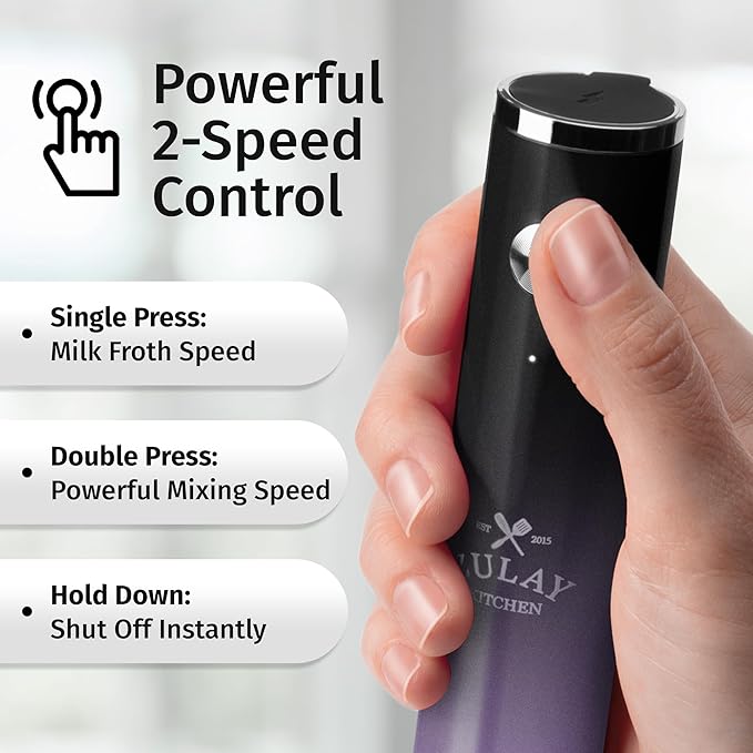Zulay Kitchen Rechargeable Milk Frother Handheld - Frother Wand, Drink Mixer, Electric Whisk Frother, for Cappuccinos, Matcha & Protein Powder - Lux Double Whisk 2 Speed Waterproof 2000mAh Purple