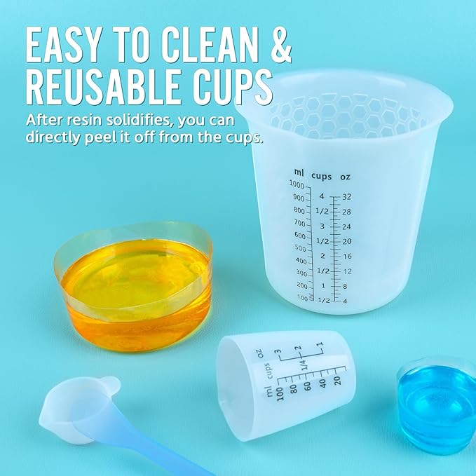 SWIGRANCE Silicone Resin Mixing 1L Measuring Cup Set for Resin Supplies, Easy-to-Read Marks, 1000ml/32oz Large Cup, 500&250&100ml Thickened Reusable Silicone Cups for Epoxy Mixing, Jewelry Making
