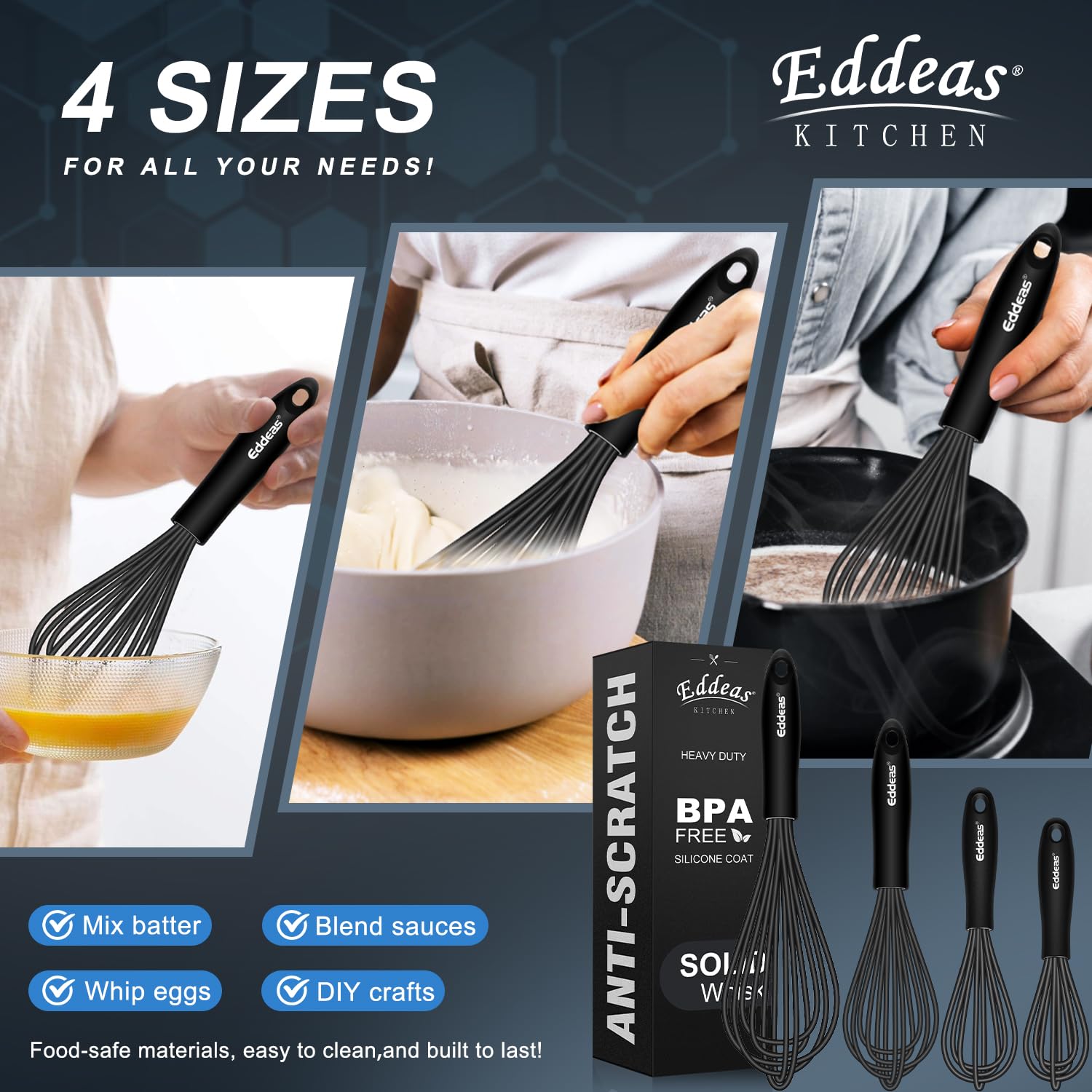 Eddeas Silicone Whisk - Non Scratch Whisks for Cooking, 500°F Heat Resistant Siliocne Wisk tool, Heavy Duty Kitchen Whisks, for Blending, Beating, set of 4 (5+7+9+11 inch) Black