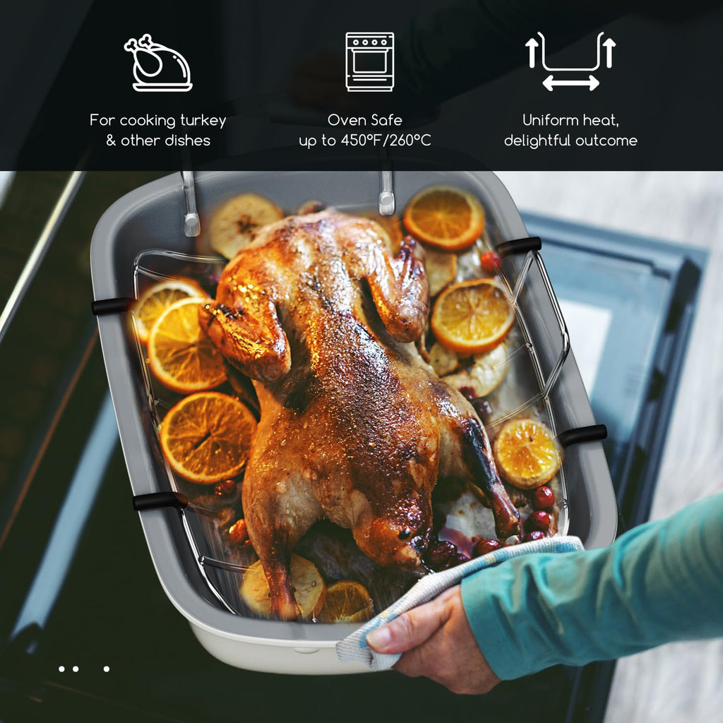 Turkey Roasting Pan, 17x13 Inch Nonstick Turkey Roaster Pan, Cream&Silver