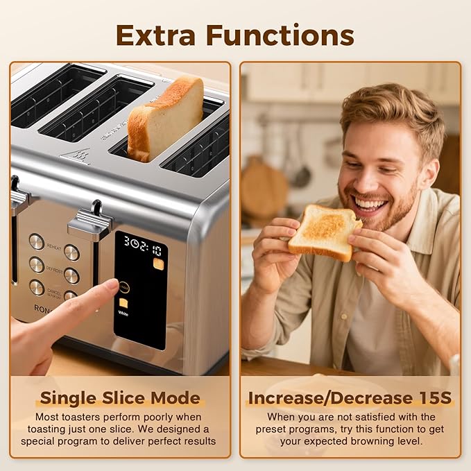 4 Slice Touch Screen Toaster with Wide Slots Stainless Steel Digital Toasters for Family Breakfast, Even Toasting for Bagel & Bread, Reheat Defrost Cancel, Removable Crumb Tray, Silver