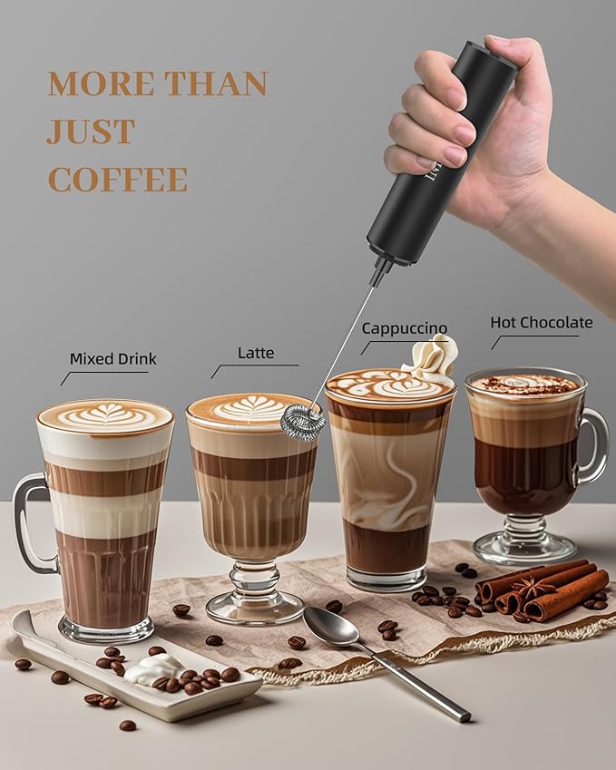 INFOOD Rechargeable Milk Frother with Cover, 2-Speed, 2 Whisks, Black