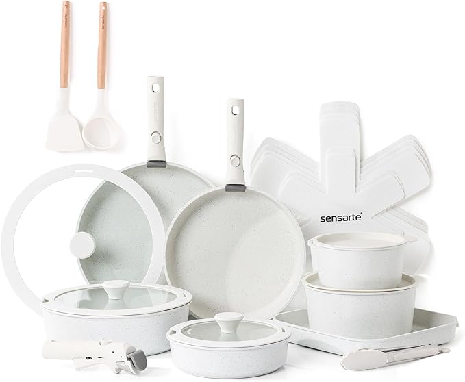 SENSARTE 24 Piece Nonstick Detachable Handle Pots and Pans Set White