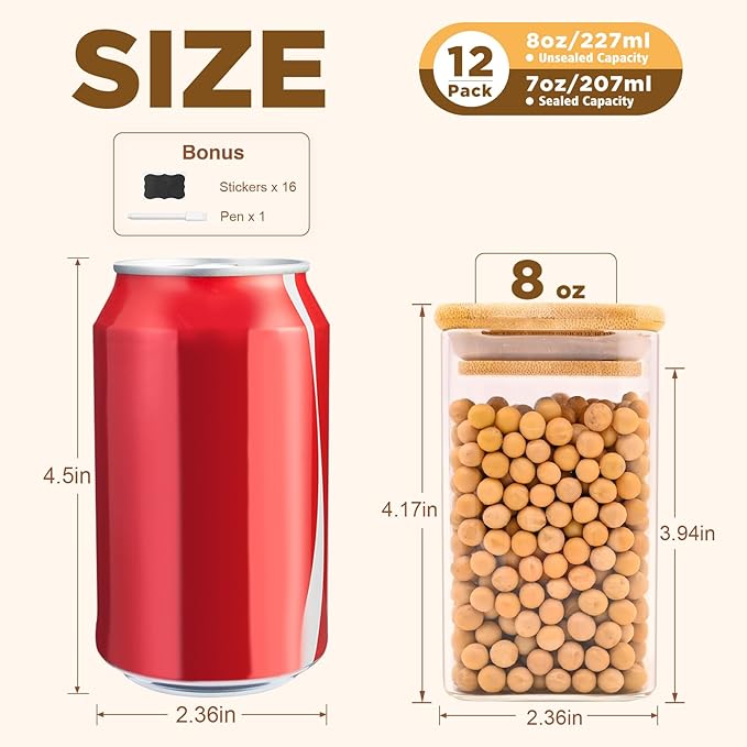 SHOWIN Glass Food Storage Jars Square 8oz, 12 Pack Glass Jars With Bamboo Lids, Kitchen Storage Containers For Spice, Candy, Cookie, Storage For Pantry Organizers