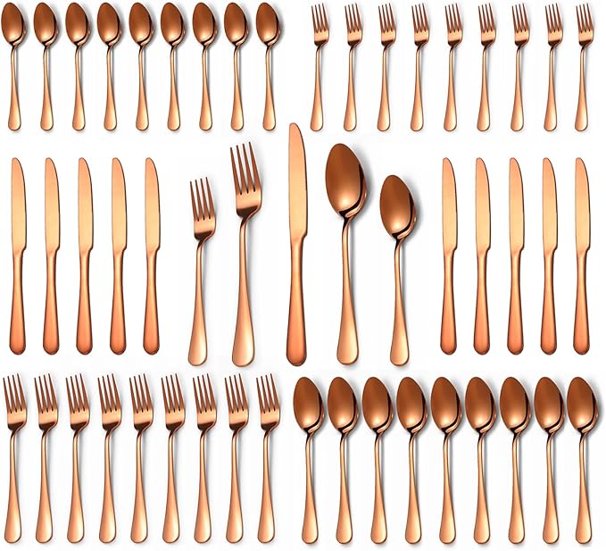 50 Pcs Rose Gold Silverware Set for 10, Food Grade Stainless Steel Flatware Set, Eating Utensils Sets Include Fork/Knife/Spoon, Reusable Cutlery Set for Home Kitchen, Dishwasher Safe, Round Edge