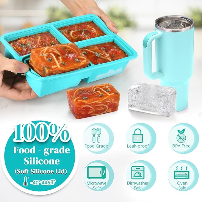 BIONMAPLE Silicone Freezer Trays With Lid - Silicone Soup Freezer Molds, Soup Freezer Containers For Freezing & Storing Soup, Sauce, Broth, and Leftovers - 1 cup silicone freezer molds - 2 Pack