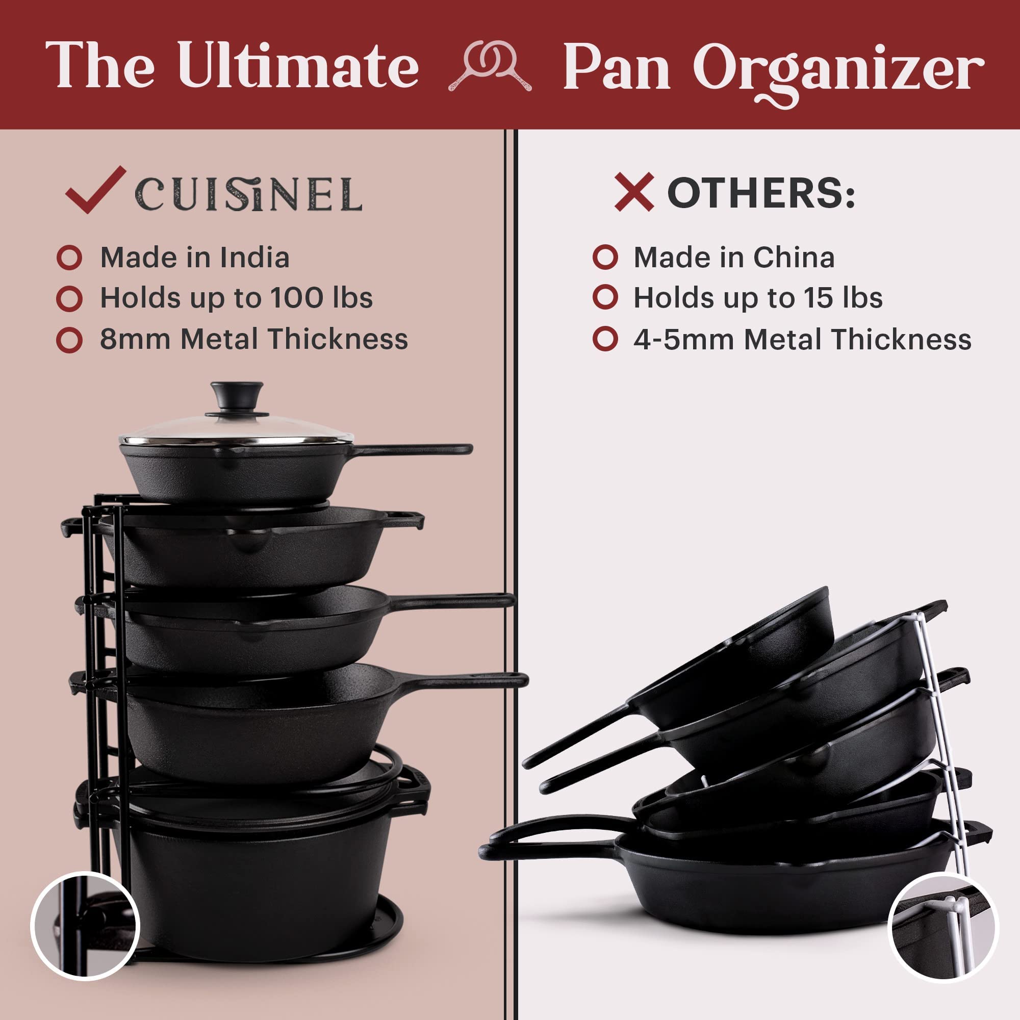 Cuisinel Pan Organizer for Cast Iron, 60-100LB, Extra Large 5-Tier Rack, Matte Black 15.9"