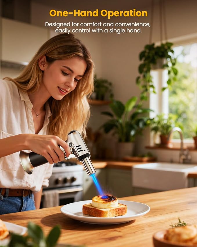 Kollea Culinary Torch, Refillable Butane Kitchen Torch, Lock, Silver-Black
