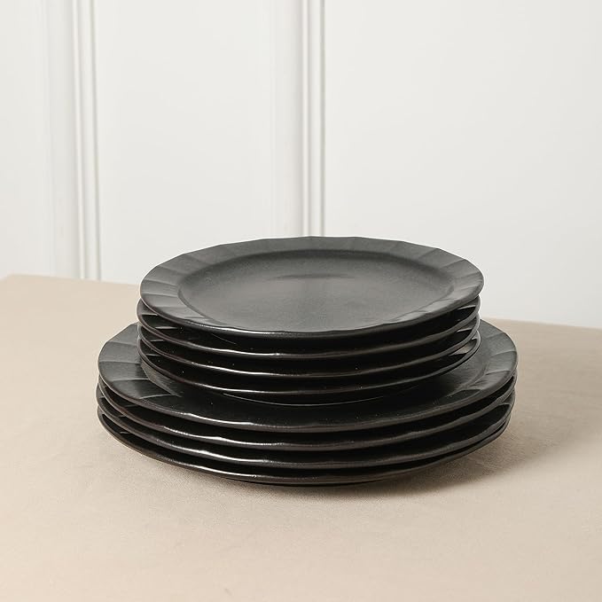 Stone Lain Oasis Stoneware Plate Dish Set, 4-Piece Dinner Plates - Ceramic Serving Dishes for 4 People - Microwave & Dishwasher Safe, Black