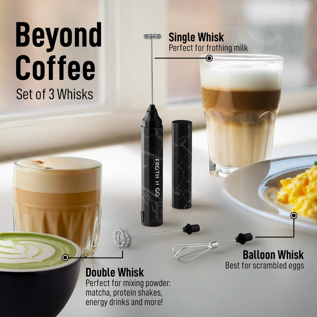 Zulay Froth N Go Milk Frother – Rechargeable 3-in-1 Handheld Frother Wand with Travel Case & USB-C Charger – Single, Double & Egg Whisk for Latte, Cappuccino, Matcha, Protein Shakes - Forge Marble