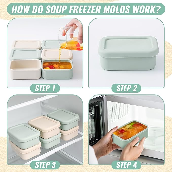 Teenyyou 6 Packs 1 Cup Silicone Freezer Molds with Lids Silicone Soup Freezer Molds Rectangle Reusable Food Preserving Tray Freezing Ice, Leftovers and Meal Prep(Sage Green, Beige)