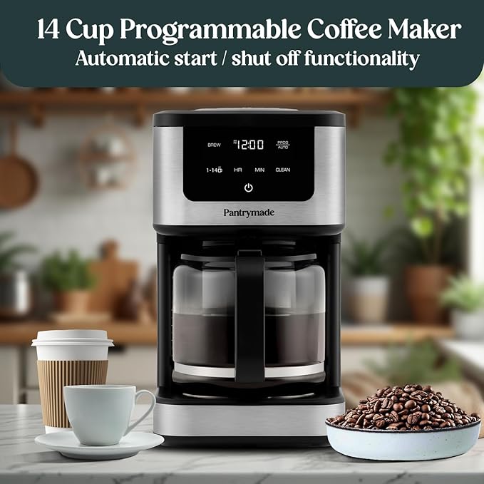 Pantrymade Deluxe 14 Cup Programmable Drip Coffee Maker with Glass Carafe | Large Capacity Coffee Maker 14 Cup with, Auto Shut-Off & Timer | Classic Black