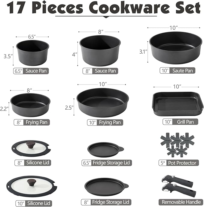 SENSARTE 17 Piece Nonstick Detachable Handle Pots and Pans Set Black