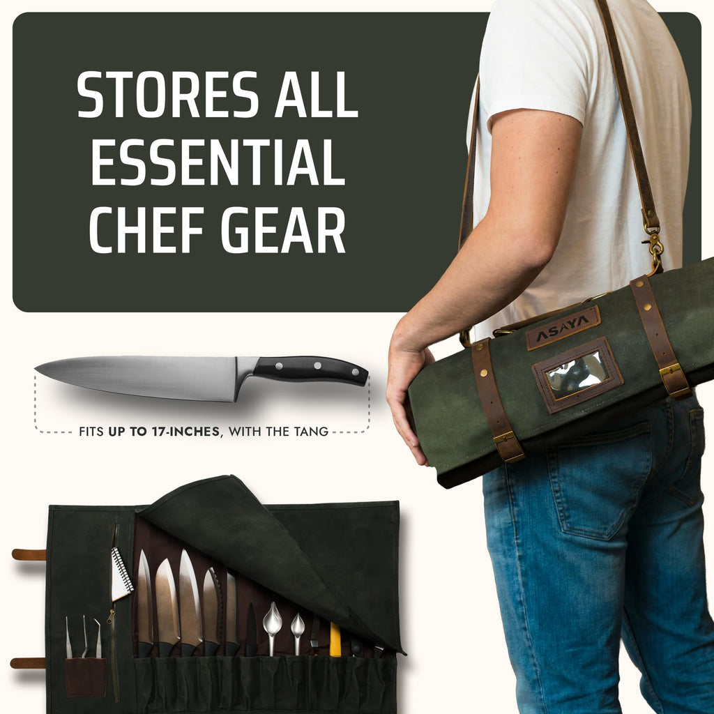 Asaya Waxed Canvas Knife Roll Bag - 15-Slot Chef Knife Bag with Leather Straps, Large Zippered Pocket and Card Holder - Carrying Case for Chefs and Culinary Students – Knives Not Included (Green)