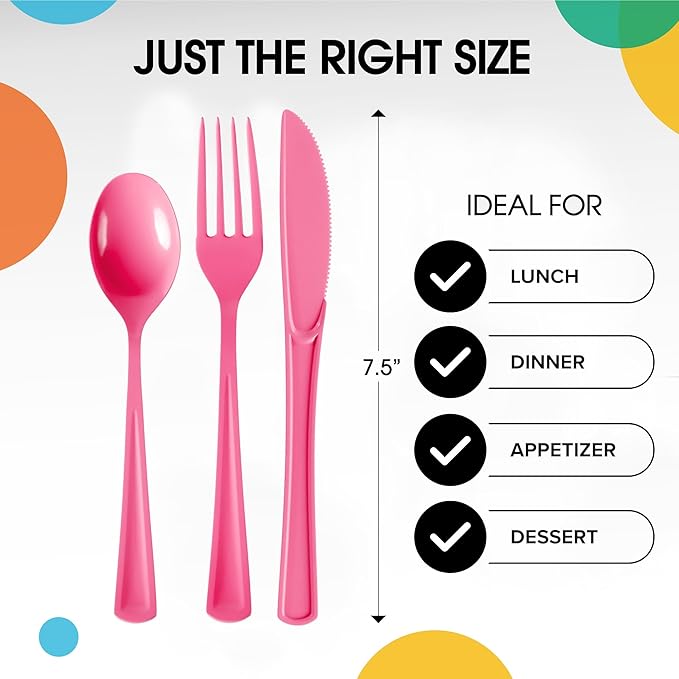 Party Solids Cerise Plastic Silverware Heavy Duty 150 Pieces Cerise Disposable Silverware Heavy Duty, Utensil Sets, 50 Of Each Forks, Knives & Spoons Disposable Cutlery Set For Party Supplies