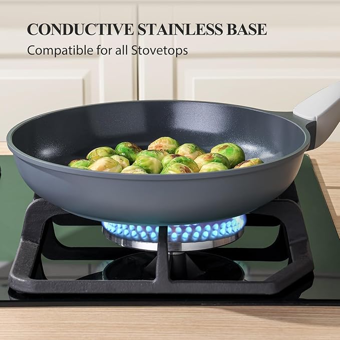 PRICUSIS Nonstick Ceramic Frying Pan with Lid, 8/10/12 Inch, Metal Utensil Safe, PFOA & PFAS Free, Scratch & Stain Resistant Skillet, Oven & Dishwasher Safe, Induction Compatible – Gray (12-Inch)