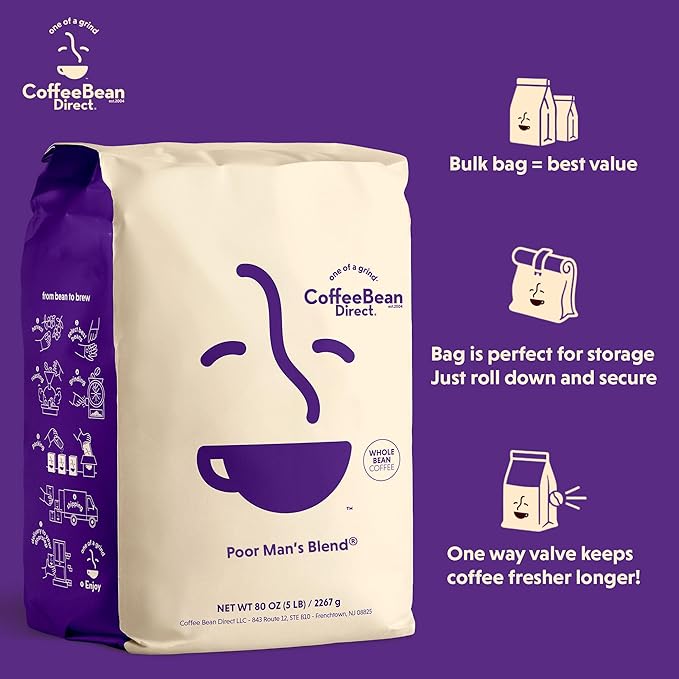 Coffee Bean Direct Poor Man's Blend®, Whole Bean Coffee, Medium Roast, 5 Pound Bag (Pack of 1)