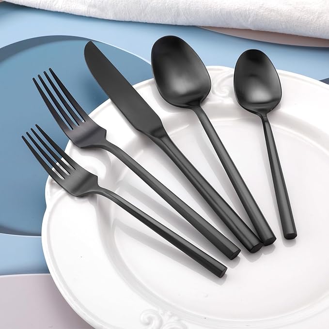 DEACORY Black Silverware with Serving Utensil Hexagon Handle Service for 8
