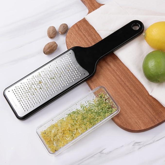 LHS Citrus Lemon Zester & Cheese Grater with Container - Zester Grater with Handle for Parmesan Cheese, Ginger, Garlic, Nutmeg, Chocolate, Fruits, with Anti-Slip Base, Dishwasher Safe