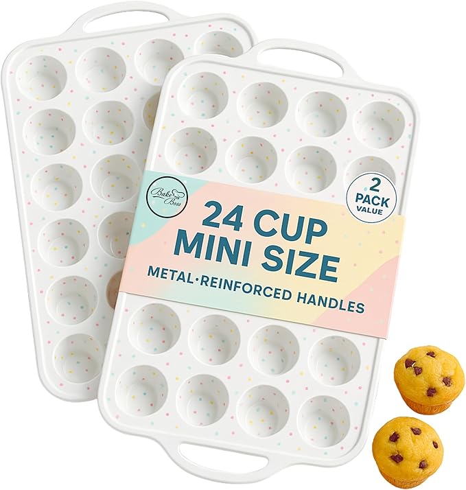 Silicone Mini Muffin Pan, 24 Cup 2 Pack with Metal Reinforced Frame