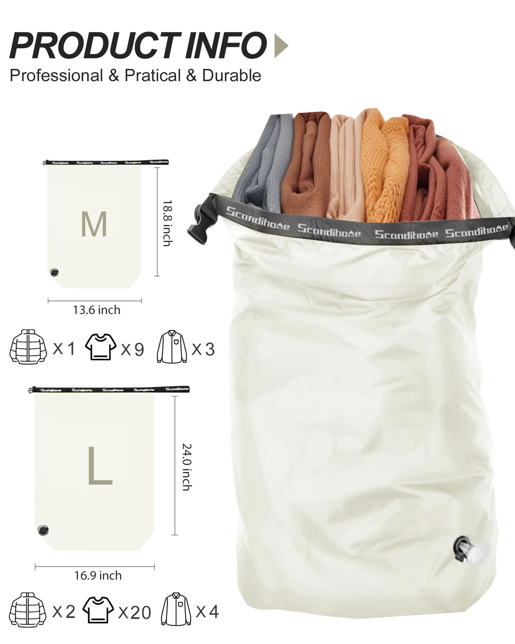 Compression Travel Laundry Bag for Dirty Clothes, Pump-Free Laundry Bag for Suitcase & Dorm, Waterproof Wet Dry Clothes Organizer, Large Capacity Space Saving Travel Bag (1 Pcs)(White, M)