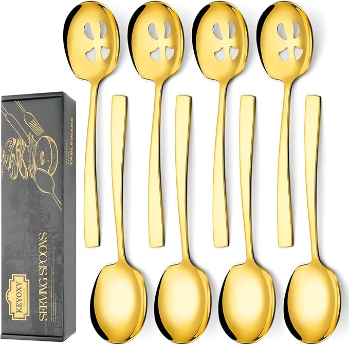 Keyoxy 8 Piece Stainless Steel Serving Spoons Set - 4 Large, 4 Slotted, 9.2-Inch, Dishwasher Safe, for Parties/Kitchen/Buffet/Catering,Gold