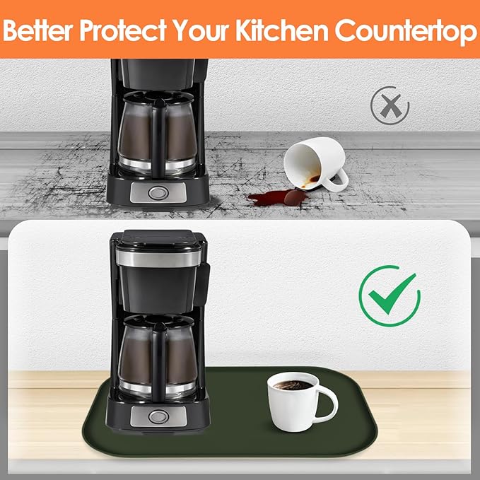 Silicone Coffee Maker Mat with Lip for Countertops, 24'' x 16'' Dark Green