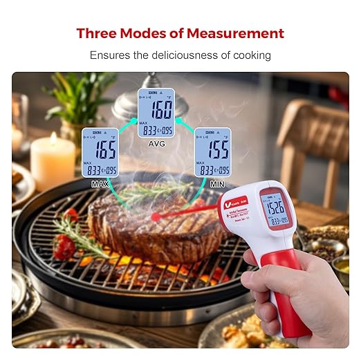 VCooklify Infrared Thermometer for Meat,Laser Temperature Gun,-58~1112°F,DS 12:1 Digital IR Temp Gun with Adjustable Emissivity&High/Low Alarm,LCD Display Thermal Gun for Food Oven Cooking HVAC