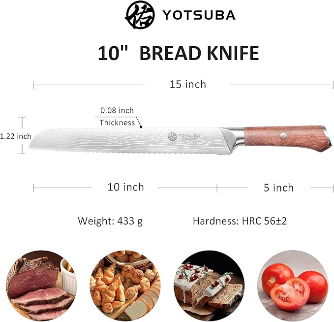 YOTSUBA 10 Inch Japanese Style Premium Natural Rosewood Bread Knife