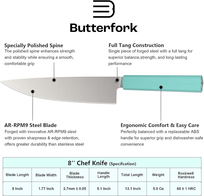 Butterfork 8 Inch Chef Knife, AR-RPM9 Steel & Ergonomic Handle Cooking Knife, Ultra Sharp Professional Kitchen Knife with Oak Sheath, Gift for Home Chefs