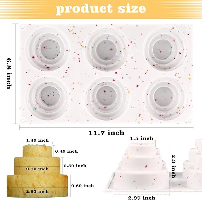 Sakolla 2 Pack 3 Tier Mini Cake Molds, 6 Cavity Silicone Cake Molds for Baking Cake Pop, Cakesicle, Brownie and Mousse (Confetti)