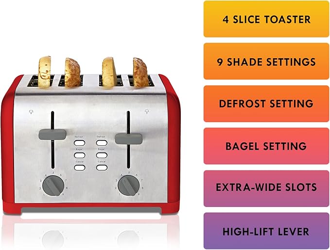 Slice Toaster, Red Stainless Steel, Dual Controls, Extra Wide Slots, Bagel and Defrost Functions, 9 Browning Levels, Removable Crumb Trays, for Bread, Toast, English Muffin, Toaster Strudel