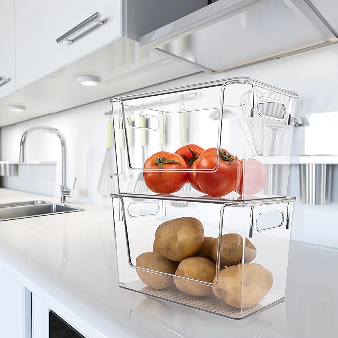 2 Pack Large Stackable Storage Bins, Plastic Container Organizer with Open Front, Pantry Organizers and Storage for Potato, Onion, Fruit and Vegetable, Clear Kitchen Laundry Organizer with Lid