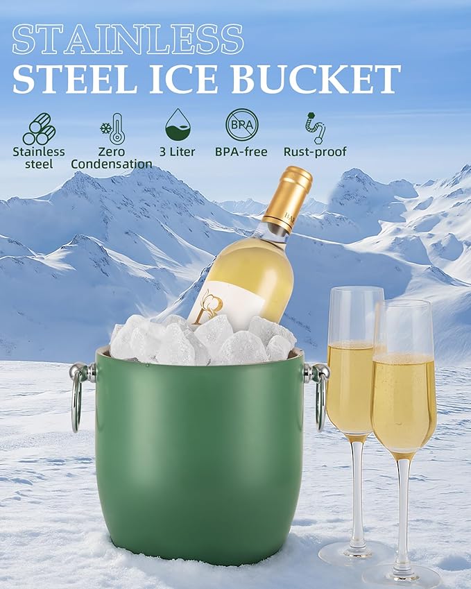 Golden Cudgel Insulated Ice Bucket, 3L Double Wall Stainless Steel Ice Bucket with Tongs,Lid, Scoop and Strainer, Ice Buckets for Parties,Cocktail Bars, Chilling Beer, Champagne, Wine Bottles，Green