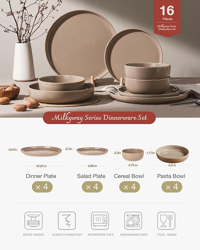 Famiware Milkyway 16-Piece Stoneware Plates and Bowls, Cinnamon Brown