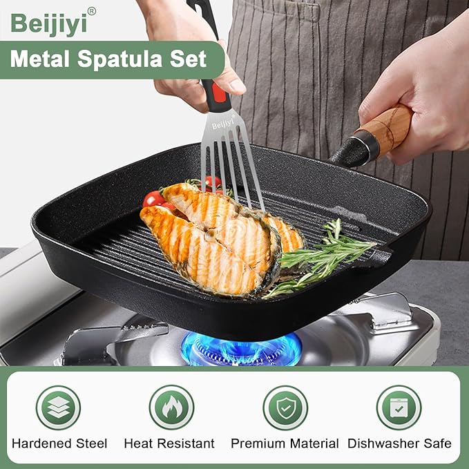 Beijiyi 3-Piece Metal Spatula for Cast Iron Skillet, Sturdy Stainless Steel