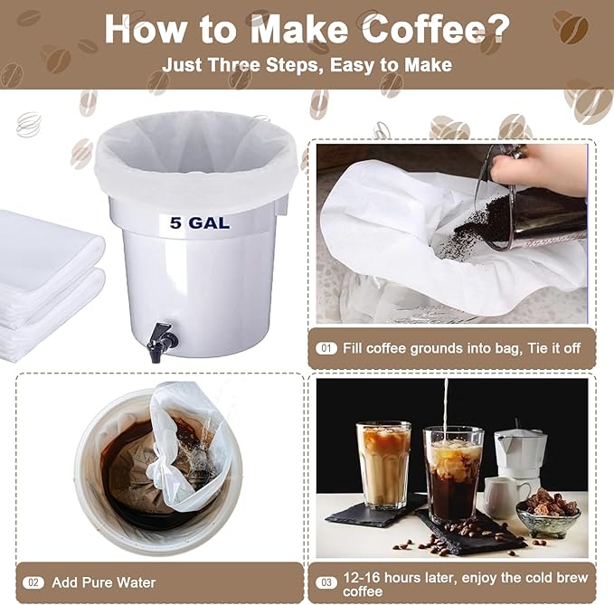 YURICK 100 Pack Commercial Cold Brew Coffee Filters for 5 Gallon Buckets, 20" X 20" Commercial Cold Brew Bags for Commercial Model Cold Brew Coffee Makers, Brew Up To 5 LBS Coffee