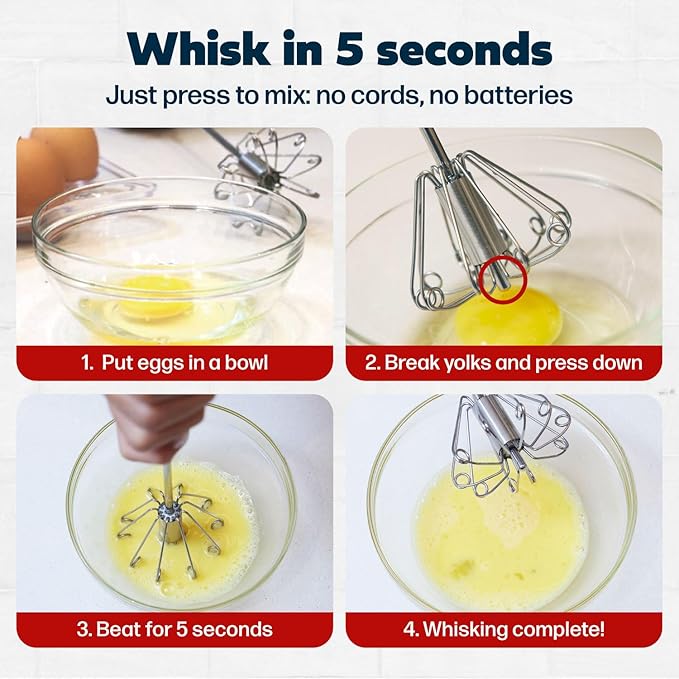 Stainless Steel Push-Down Rotary Egg Beater 14 Inch Hand Whisk Eggs & Milk