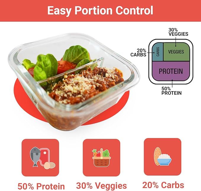 BariBowl Portion Control Containers for Bariatric Meals – 8 oz Glass Meal Prep Containers with Two 4 oz Compartments and Lids (3 Pack), Reusable Bento Lunch Boxes