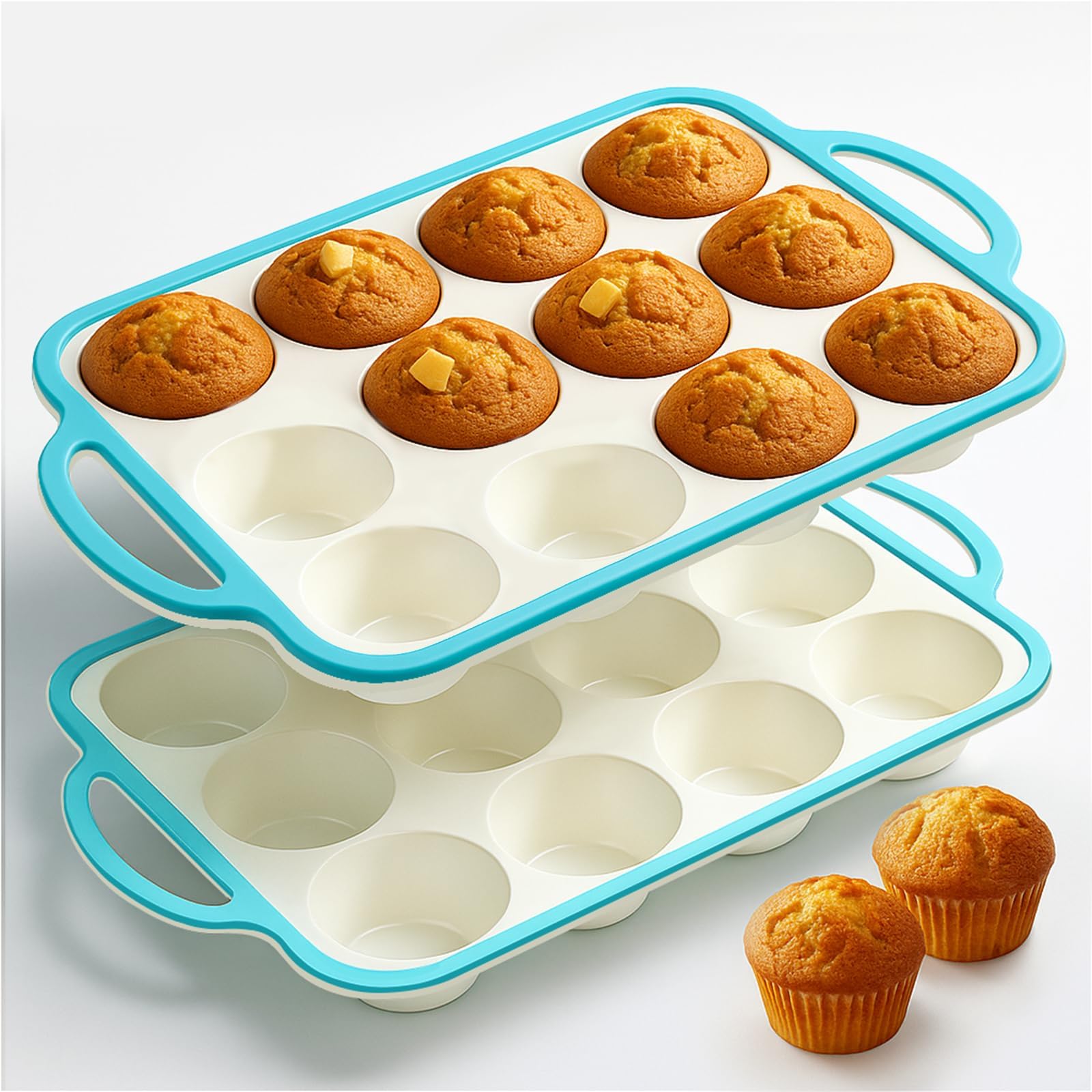 Fimary Silicone Muffin Pans for Baking 2 Pack, 2.6 Inch with Metal Reinforced Frame, Regular Size Nonstick Cupcake Pan 12 Cups for Baking Homemade Muffins, Dishwasher Safe BPA Free-Blue